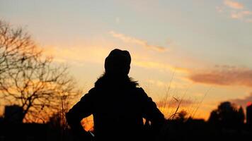 The sunset view with the silhouette and yellow sky in the city photo