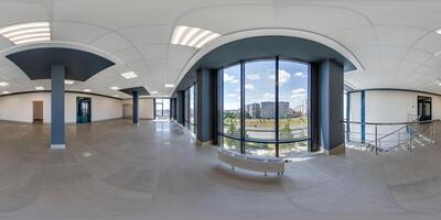 hdri 360 panorama in empty modern hall with columns, doors and panoramic windows in full seamless spherical equirectangular projection, ready for AR VR content photo