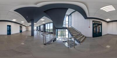 hdri 360 panorama in empty modern hall with columns, doors and panoramic windows in full seamless spherical equirectangular projection, ready for AR VR content photo