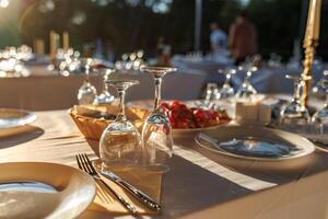 empty wine glasses on banquet served table in open air in rays of setting sun photo