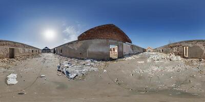 360 seamless hdri panorama inside empty corridor hall or hangar without roof with construction waste of abandoned building in equirectangular spherical projection, ready AR VR content photo