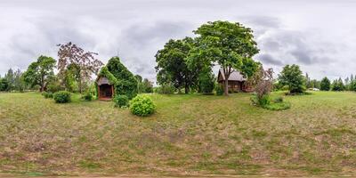 full seamless spherical hdri 360 panorama near wooden homestead house in rainy weather in equirectangular spherical projection with zenith and nadir. for VR content photo