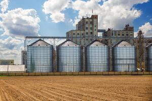 silos on agro-industrial complex with seed cleaning and drying line for grain storage. Granary elevator photo