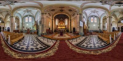 spherical seamless hdri 360 panorama near altar inside of catholic church, architectural monument of mannerism and baroque with arches and frescoes in equirectangular projection photo