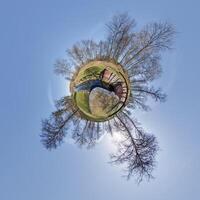 tiny planet transformation of spherical panorama 360 degrees. Spherical abstract aerial view with trees in forest with clumsy branches in blue sky. Curvature of space. photo