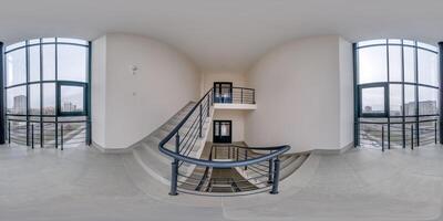 hdri 360 panorama view in empty modern hall near panoramic windows with columns, staircase and doors in equirectangular full spherical projection, ready for AR VR content photo