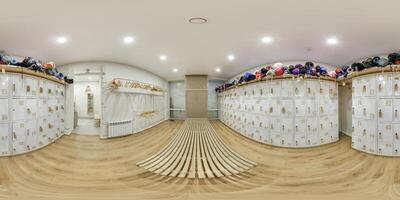 full seamless spherical hdri 360 panorama view in small locker room and wardrobe with drawers in equirectangular projection, ready for VR AR virtual reality photo
