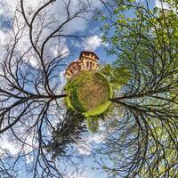 tiny planet transformation of spherical panorama 360 degrees. Spherical abstract aerial view with trees in forest with clumsy branches in blue sky. Curvature of space. photo