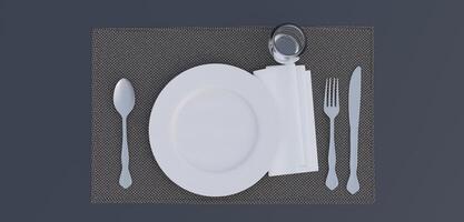 Tableware, plates, spoons, knives and empty glasses on a mat. 3D illustration photo