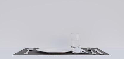 Tableware, plates, spoons, knives and empty glasses on a mat. 3D illustration photo