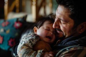 Asian father calming a crying child. Equality household management concept. Shared responsibilities partnership idea. photo