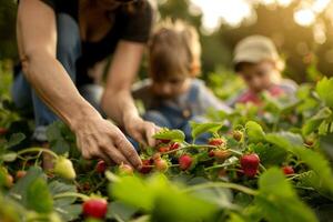 The family is working together to pick strawberries in the field. Together, collaboration concept. photo