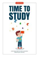 Happy Little boy with book Surrounded with letters. Education, reading concept Flyer design illustration. vector
