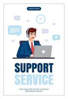 Operator, man working with laptop. Flat design. Flyer design. Support service concept. vector