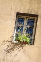 wall of a house with a window, flowers on the windowsill rustic style house facade photo