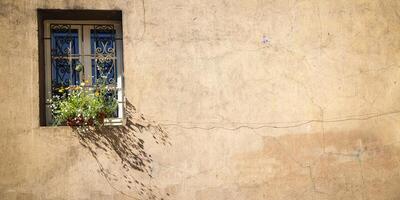 wall of a house with a window, flowers on the windowsill rustic style house facade photo