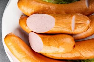 sausages meat pork or chicken, turkey fresh meal food snack on the table copy space food background rustic top view photo