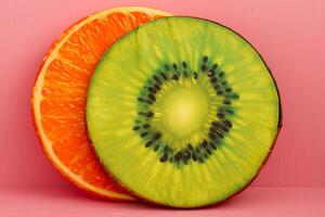 Halved orange and a halved kiwi pillows placed side by side against a pink background. photo