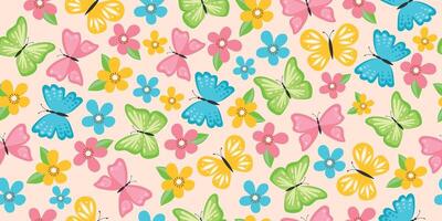 Cute cartoon and delicate butterflies with flowers. Seamless spring and summer pattern. vector