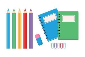 Multi-colored pencils and notebooks, back to school set. vector