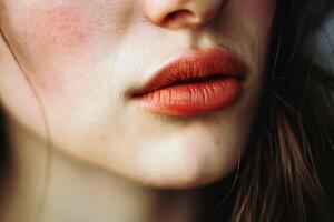 Close up of a womans lips with a hint of a smile showcasing sensuality and allure. AI generate photo