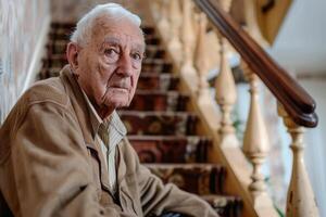A pensioner having problems getting up stairs. AI generate photo