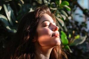 Portrait of a woman with eyes closed enjoying the sensation of sunlight on her face. AI generate photo