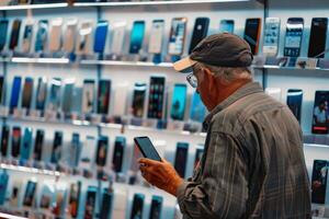 A pensioner stands helplessly in a smartphone store with many new smartphone models. AI generate photo