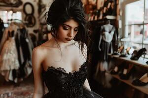 A bride tries on a black wedding dress in a store and looks like a gothic goddess. AI generate photo