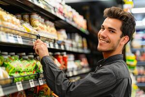 A friendly salesperson in a supermarket. AI generate photo