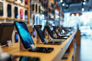 A modern smartphone shop with many different new phones. AI generate photo