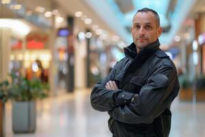 A security guard with uniform standing in a shopping centre at work. AI generate photo