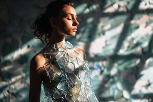A Woman wearing a dress made of exploding glass shards. AI generate photo