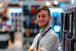 A friendly smartphone salesman in a store. AI generate photo