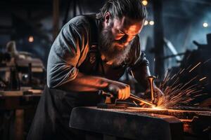 A smith at work at his anvil. AI generate photo