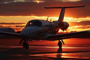 A luxury private jet on the runway at sunset. AI generate photo
