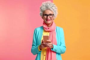A retired woman with her smartphone and a pastell color background. AI generate photo