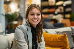 A friendly salesperson in a furniture store. AI generate photo