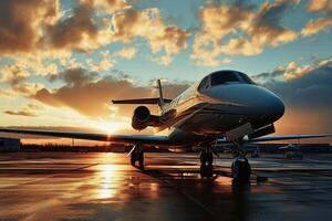 A luxury private jet on the runway at sunset. AI generate photo