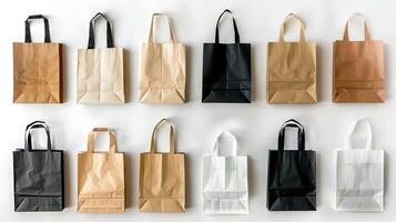 Paper bags arranged in a neat grid on a plain white background. photo