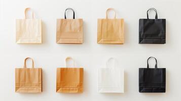 Paper bags arranged in a neat grid on a plain white background. photo
