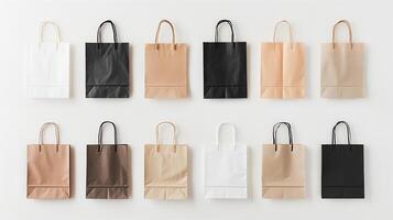 Paper bags arranged in a neat grid on a plain white background. photo