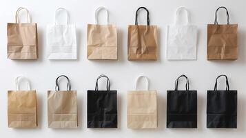 Paper bags arranged in a neat grid on a plain white background. photo