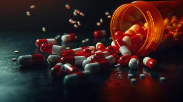 Red and white pills spilling out of an orange bottle on a dark background. photo