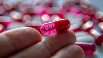 Fingers holding a color mini pill with text PEACEon a soft background. photo
