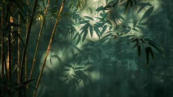 Light shines on the bamboo, casting shadows on the dark green Chinese-style wall. photo