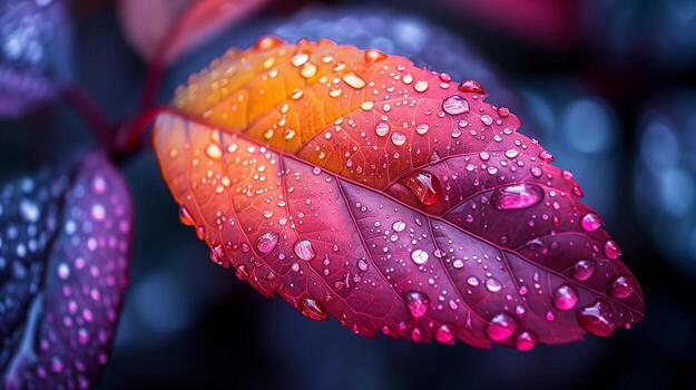 A closeup of the colorful leaf with water droplets on the dark background. photo