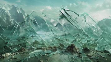 A shattered glass with cracks and fractures to create the mountain range. photo