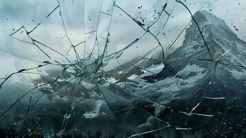 A shattered glass with cracks and fractures to create the mountain range. photo