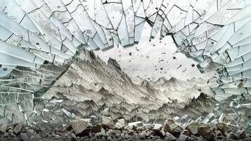 A shattered glass with cracks and fractures to create the mountain range. photo